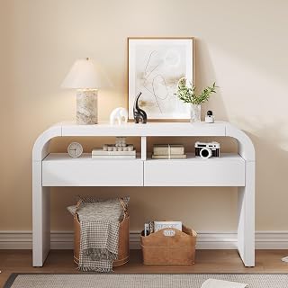 Mesa consola moderna con cajones para la entrada, sideborad con frente curvado y almohadillas ajustables para los pies, mesa consola estrecha para pasillo, pasillo o salón (blanco)