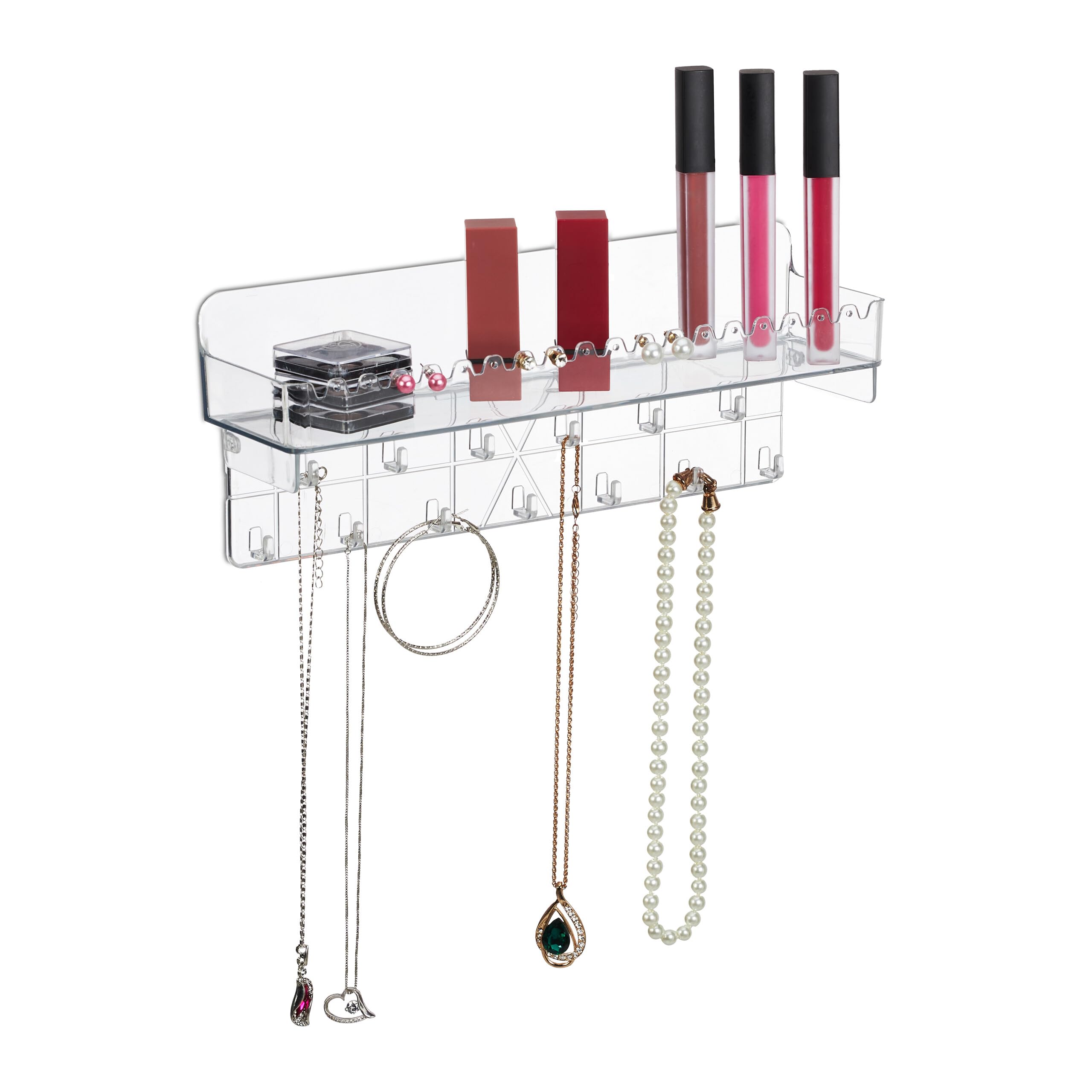 Relaxdays Jewellery Holder, Adhesive, for Necklaces, Earrings & Bracelets, with Shelf, HWD: 12 x 30 x 8 cm, Transparent
