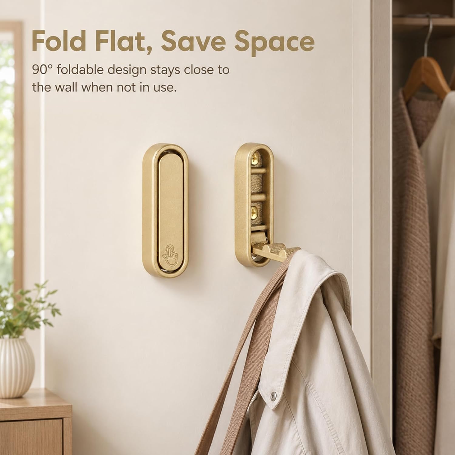 2Pack Folding Wall Hooks, Heavy Duty Zinc Allo Coat Hooks, 90° Foldable Flip Down Hook for Hanging Coats, Bags, Hats, Bathrobes, Keys and Bags (Gold)