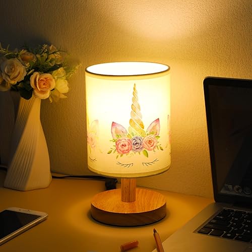 Miniatura 3 de VIHOSE Lámpara de mesa de unicornio para dormitorio, lámpara de noche de madera con mesita de noche de lino, pantalla de guardería de dibujos
