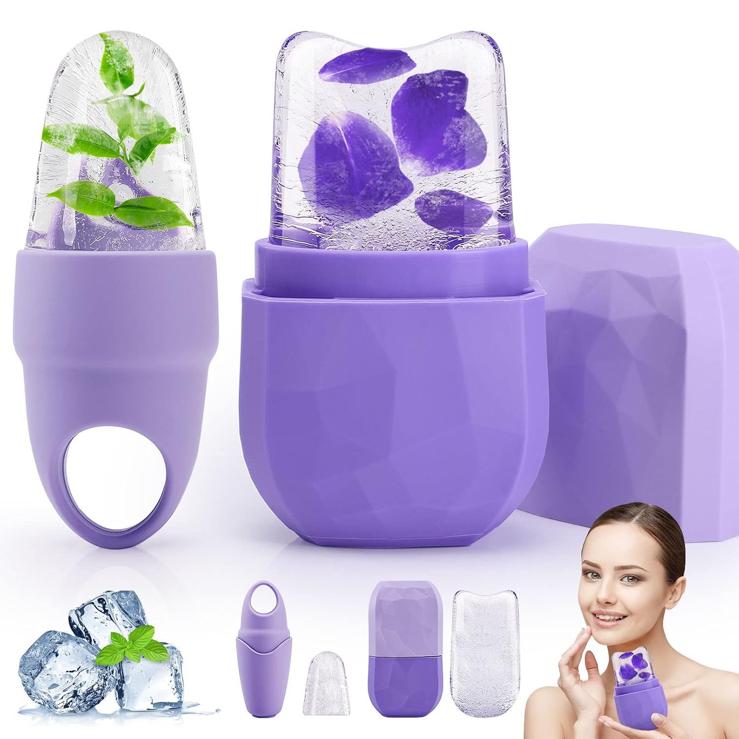 Ice Roller for Face and Eye, IUMAKEVP Upgraded Silicone Ice Mold for Face Beauty can Shrink Pores, De-puff Eye Bags and Brighten Skin, Facial Beauty Skin Care Tools for All Skin Types (2Pcs) (Purple)
