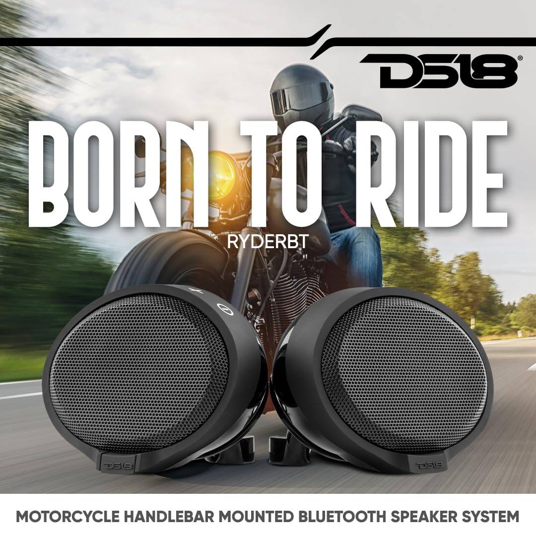 DS18 RYDERBT Amplifier Full Range Motorcycle Speakers - Water Resistant Bluetooth Speakers 120 Watts - Amplified Handlebar Mounted Audio Pods - USB Port for Music & Charging - Pair