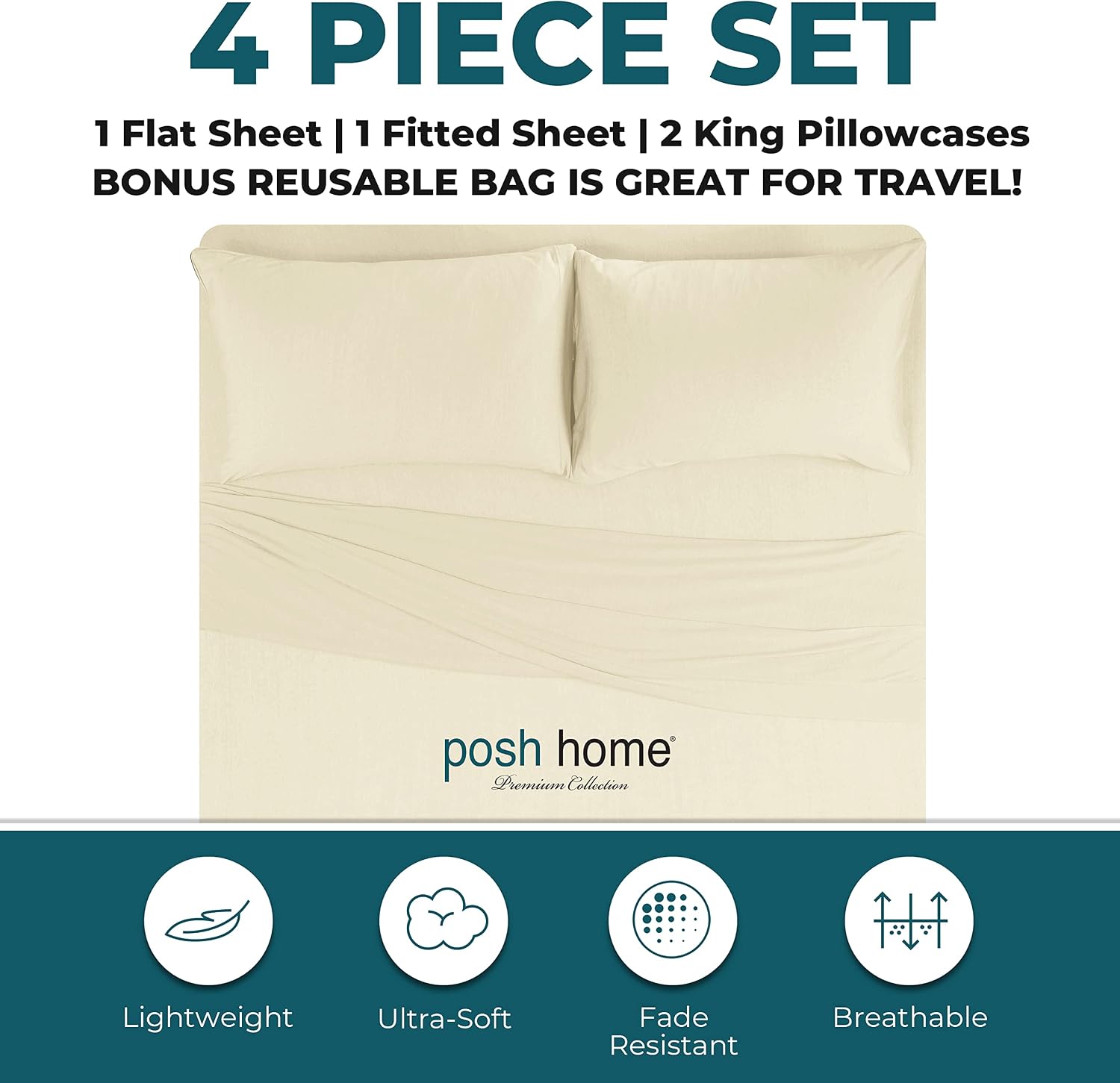 Posh Home Jersey Knit Sheet Set – 4-Piece Jersey Bed Sheets – T-Shirt Breathable & Soft Cotton Jersey Sheets - Includes Flat Sheet, Jersey Fitted Sheet, & 2 Pillowcases - King Jersey Sheets, Almond