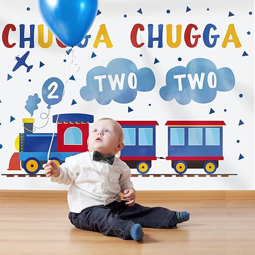 Miniatura 2 de Telón de fondo de feliz segundo cumpleaños de 7 x 5 pies, tren azul y rojo para niño, Chugga Chugga, dos dos nubes, plano de fotografía, fondo,