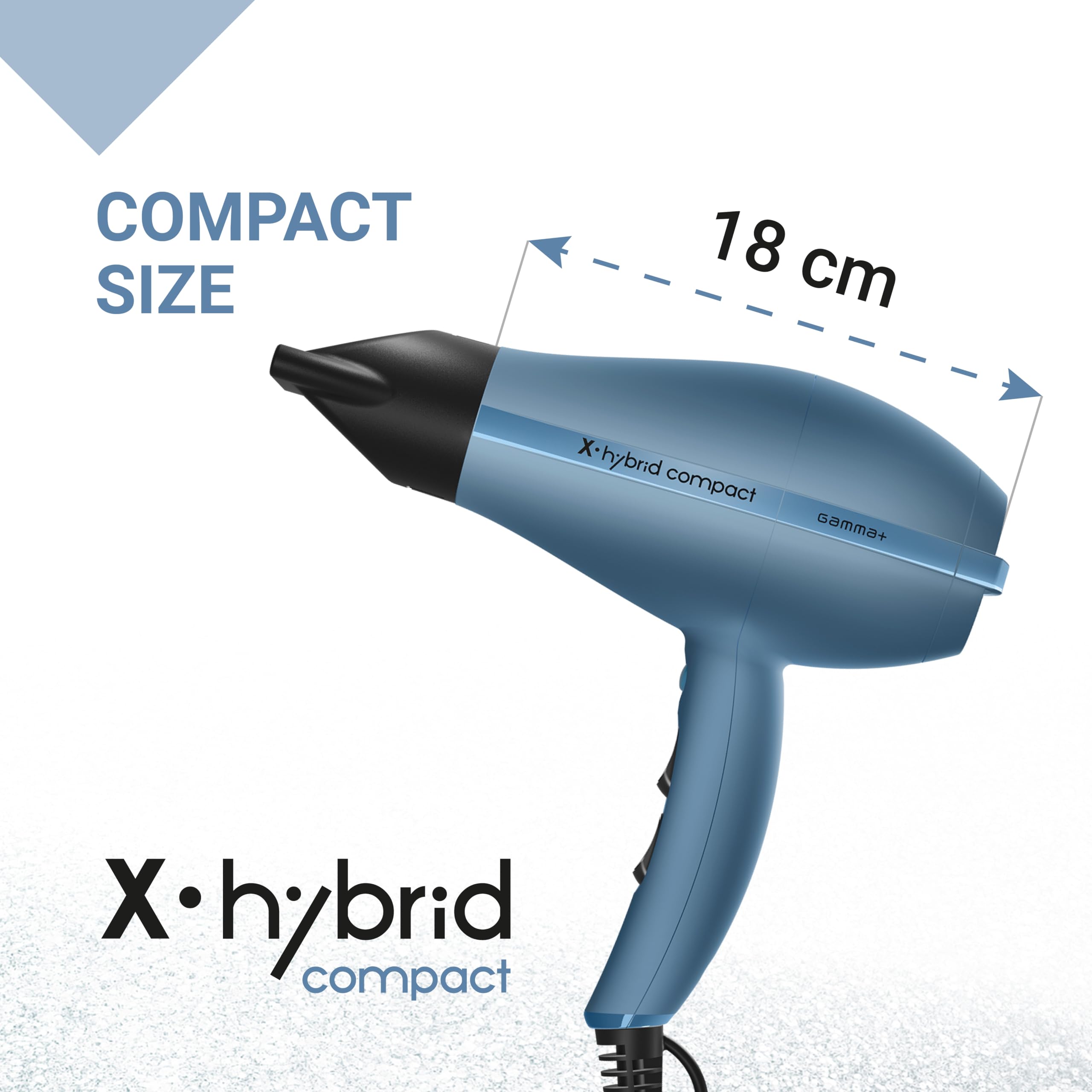 GAMMA+ Sèche-cheveux Professionnel X-Hybrid Compact, Léger et Compact, Technologie Ionique, Grille Revêtue de Tourmaline, 2 Vitesses 3 Températures, 1800-2100W (Bleu Avio)