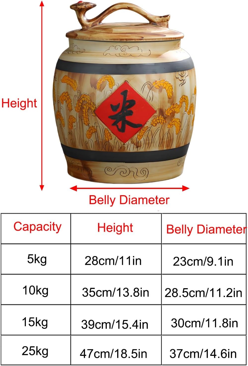 Large Food Storage, Chinese Ceramic Rice Bucket, Classic Ceramic Rice Cylinder, Ceramic Rice Jar with Lid, Grain Dispense, for Noodles Rice Snacks(28x23cm/11x9.1in)