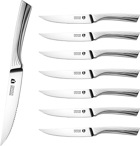 Miniatura 9 de KINGSTONE Juego de 6 cuchillos de carne de 5 pulgadas de acero inoxidable alemán dentado con caja de regalo, aptos para lavavajillas (6, plateado)