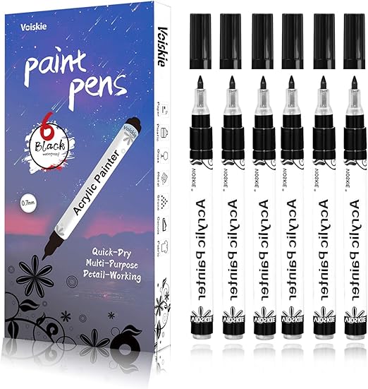 Voiskie Black Paint pens,6 Pack 0.7mm Acrylic Black Permanent MarkerWaterbased for