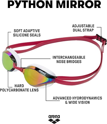 Miniatura 10 de ARENA Gafas de natación unisex Python Racing para hombres y mujeres, antivaho sin fugas, máxima comodidad, doble correa, espejolente sin espejo