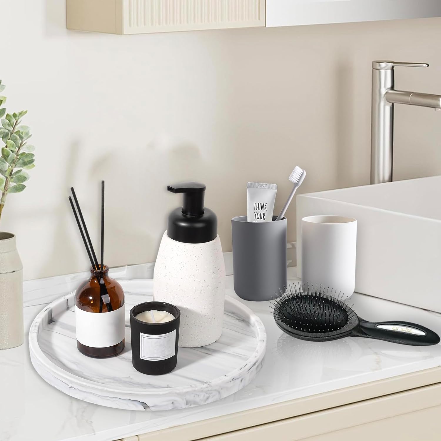 9.1 Inch Silicone Bathroom Tray, LIOUCBD Decorative Soap Holder, Kitchen Countertop Organizer, Round Vanity Tray for Candle Perfume Plant Jewelry Key Lotion Bottles (White Marble) image 5