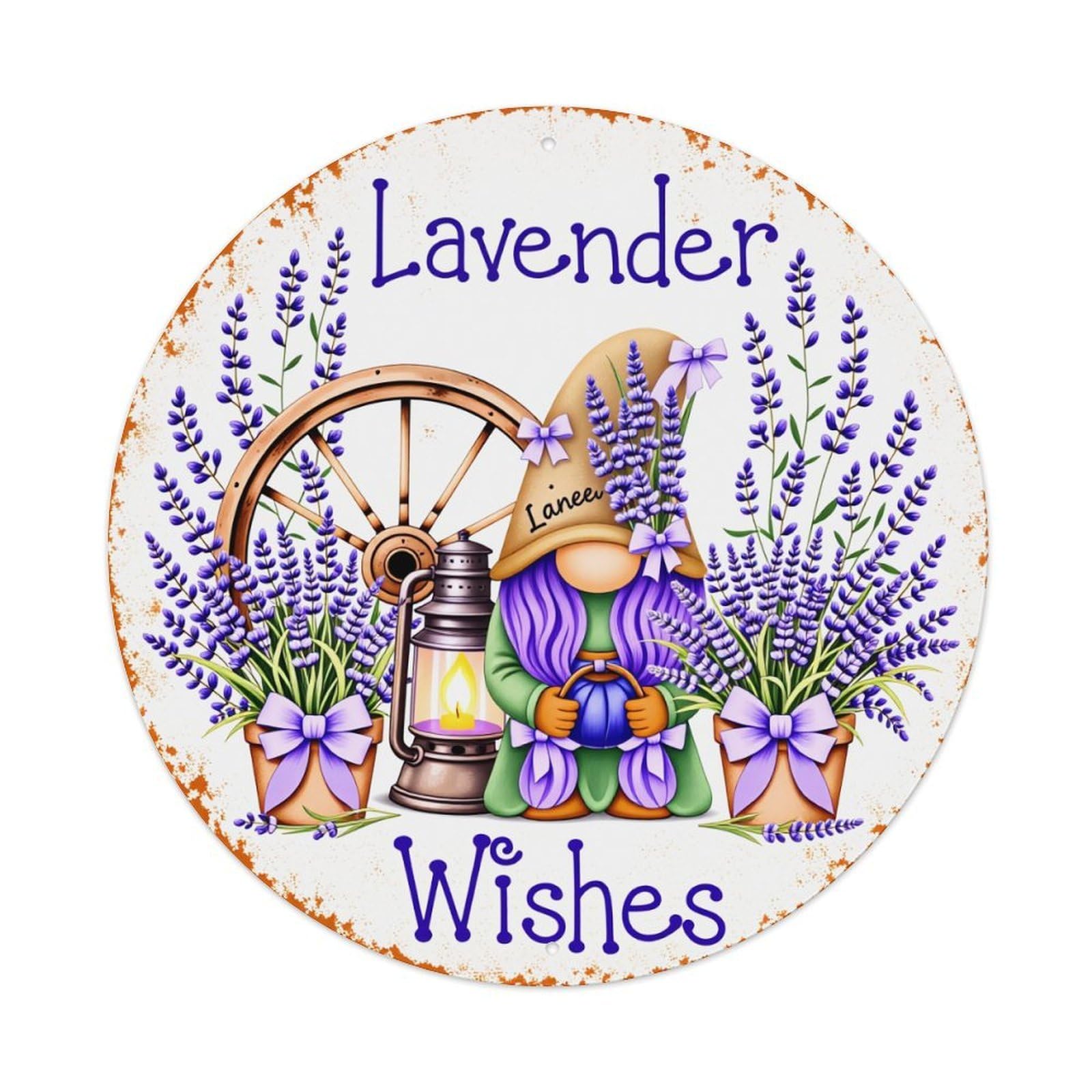 Lavender Gnome Lantern Wheel Pots Metal Tin Sign Vintage Garden Bedroom Cafe Bar Man Cave Home Wall Decor Metal Poster 8x8 inches