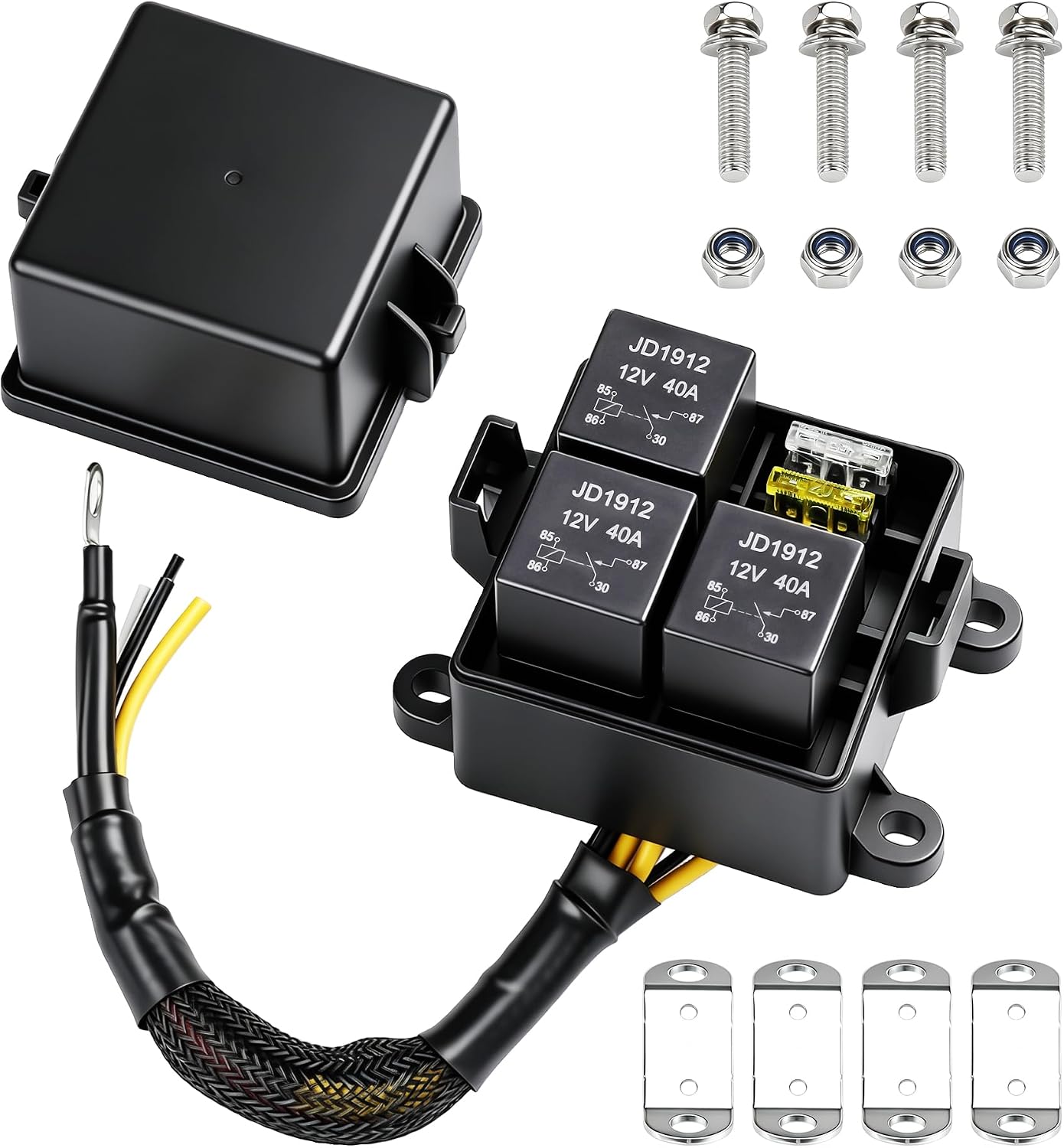 12V 3 Way Fuse Relay Box, Pre-Wired 3 Relays, 3 ATC/ATO Blade Fuses Car