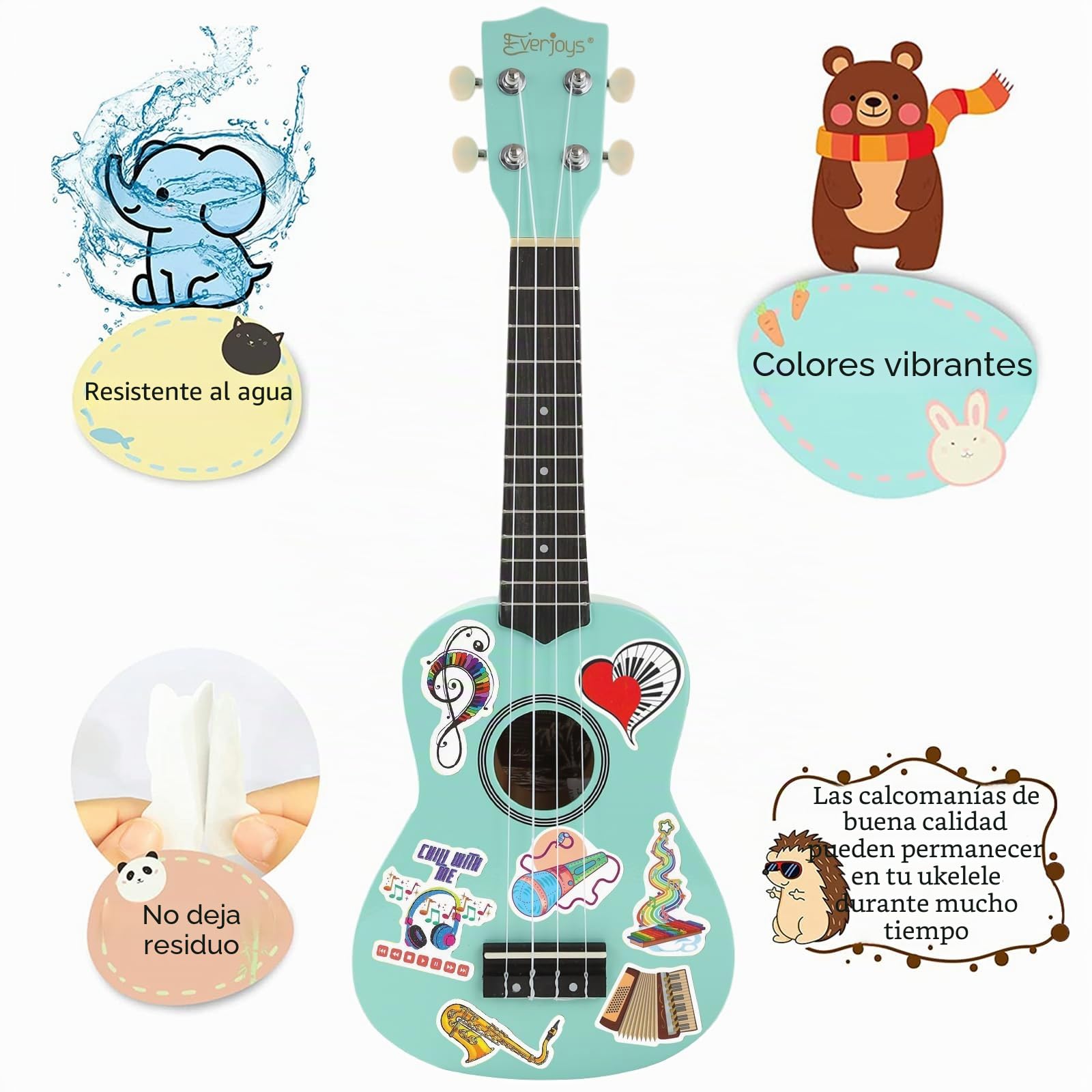 Everjoys Kit de ukelele soprano para principiantes, para niños, adultos, estudiantes, 21 pulgadas, correa de repuesto, cuerda de repuesto, paño de pulido, púas de cancionero (verde brillante) | Para adultos, bolsa de concierto, púas, paño de pulido de cor