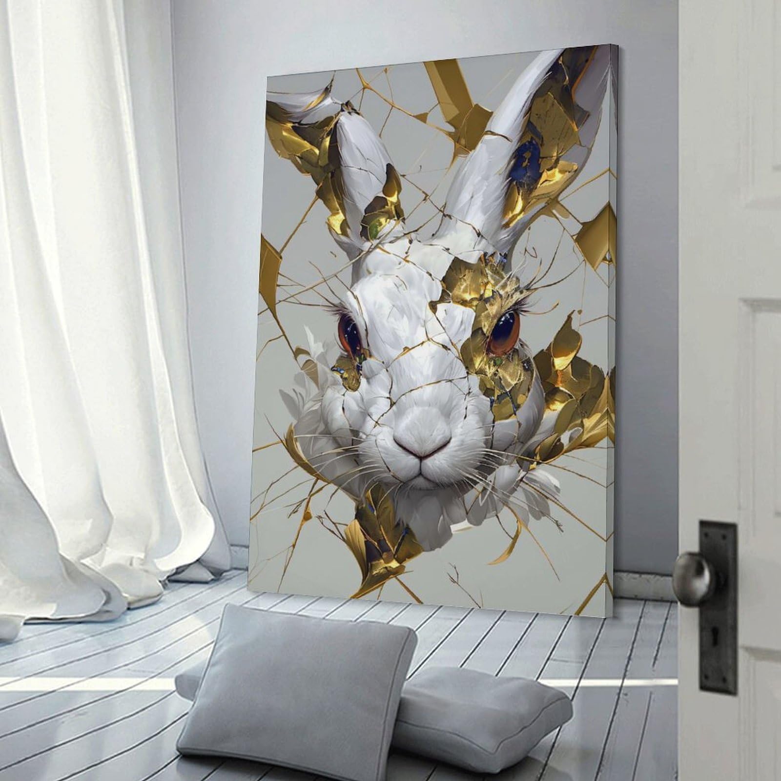 Junmoney Frame-Style-16 Cracked Golden Rabbit Portrait Wall Picture Print, 08X12inch(20X30cm), For Workspace Walls, Study Corners Or Bedrooms, Wall Art That Adds Style To Work Areas