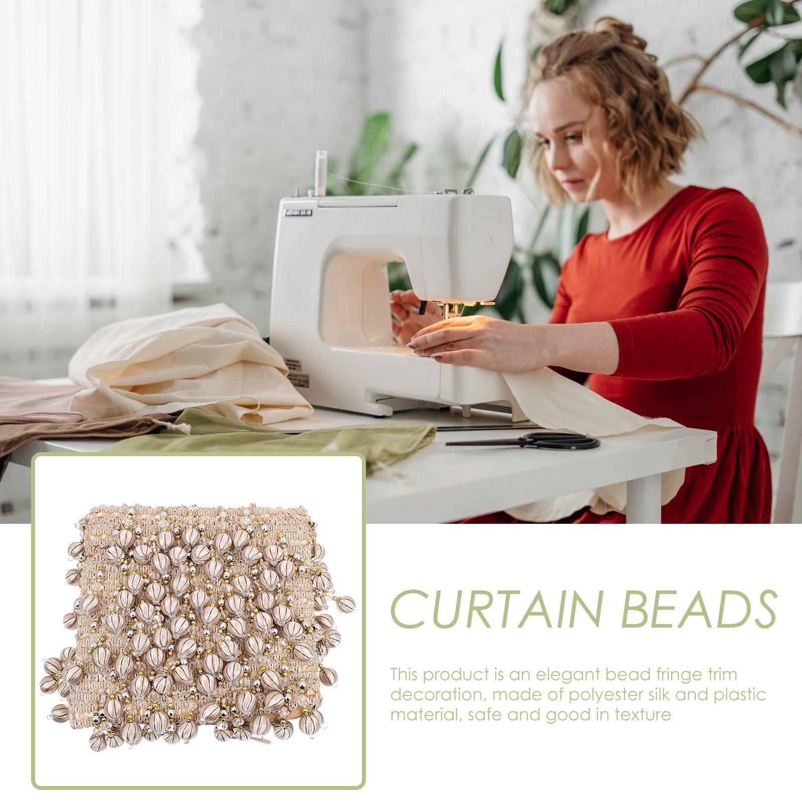 Healeved Frange à Perles pour Rideau 12 Mètres Beige Garniture Perlée Décorative en Soie Polyester et Plastique Accessoire de Bricolage pour Rideaux de Canapé et Décoration Intérieure