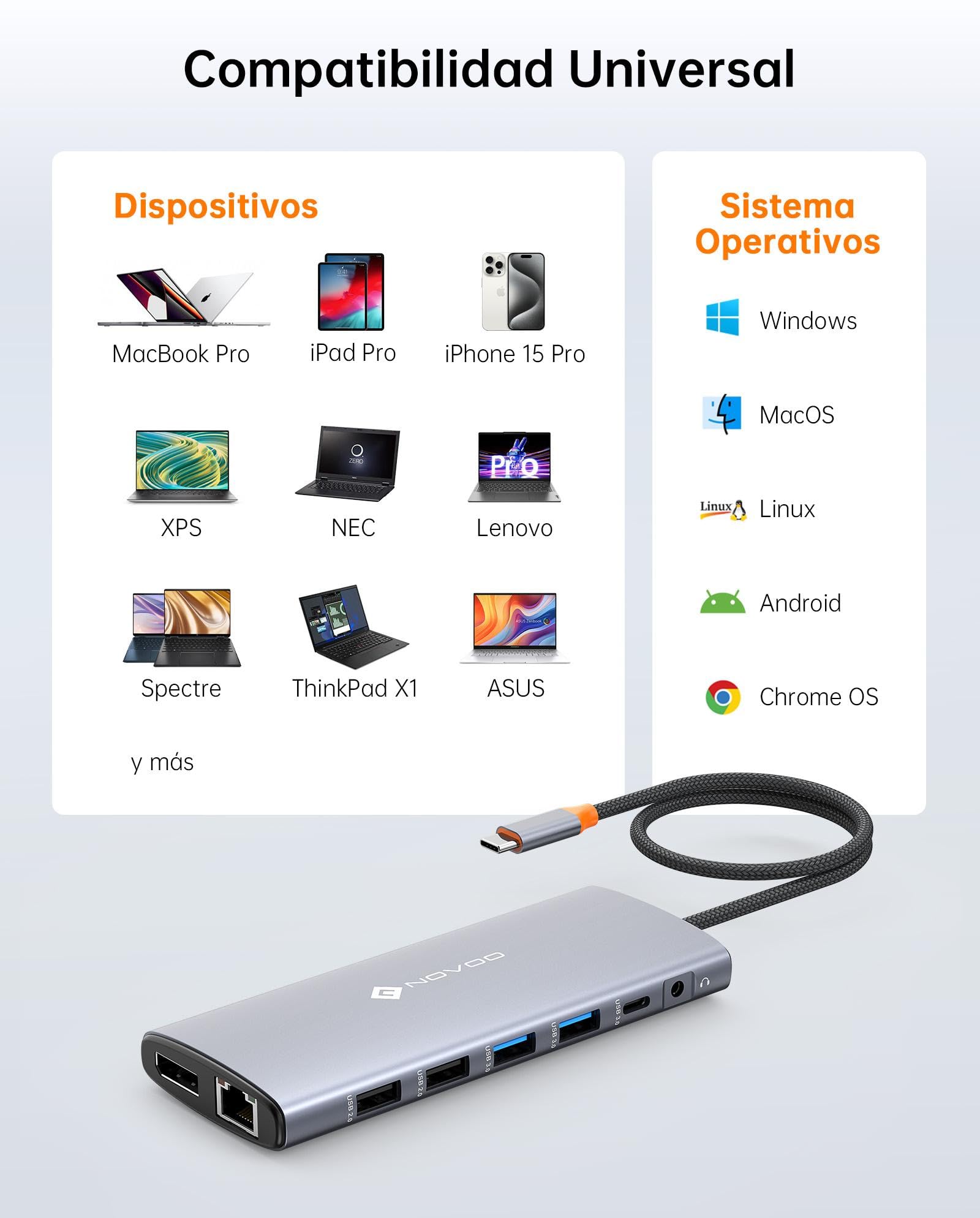 NOVOO USB C Docking Station 14-in-1 USB C Hub Triple Display con 2 HDMI 4K @ 60Hz, DisplayPort 4K @ 120Hz, 5USB-A+1USB-C Transferencia de datos Gigabit Ethernet, 100W PD, SD/TF, Audio para MacBook