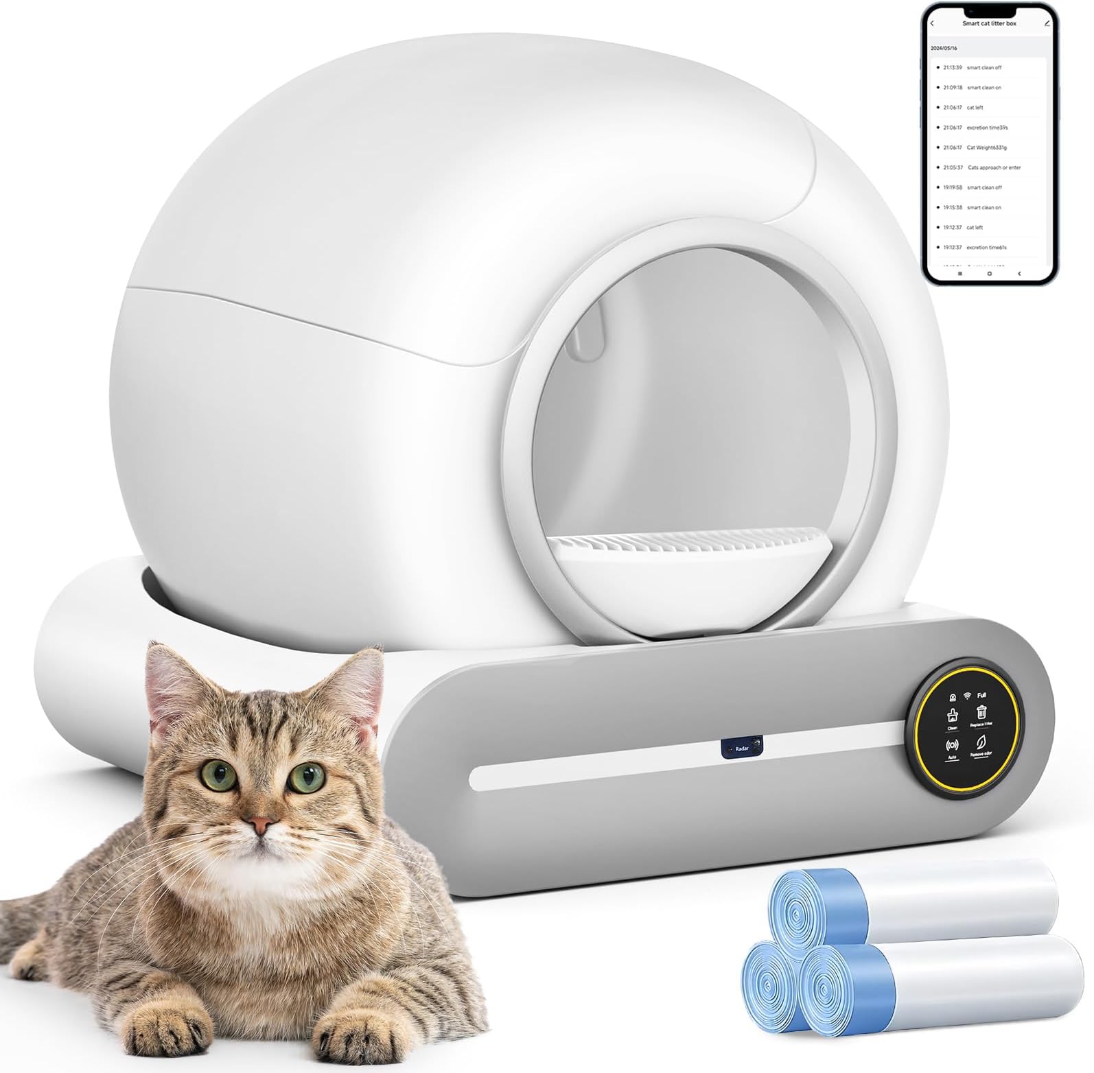 Self Cleaning Cat Litter Box, Automatic Robot Box for Multiple Cats, Smart Self Cleaning with Safety Protection, APP Control, Deodorization and Sterilization, Matte White