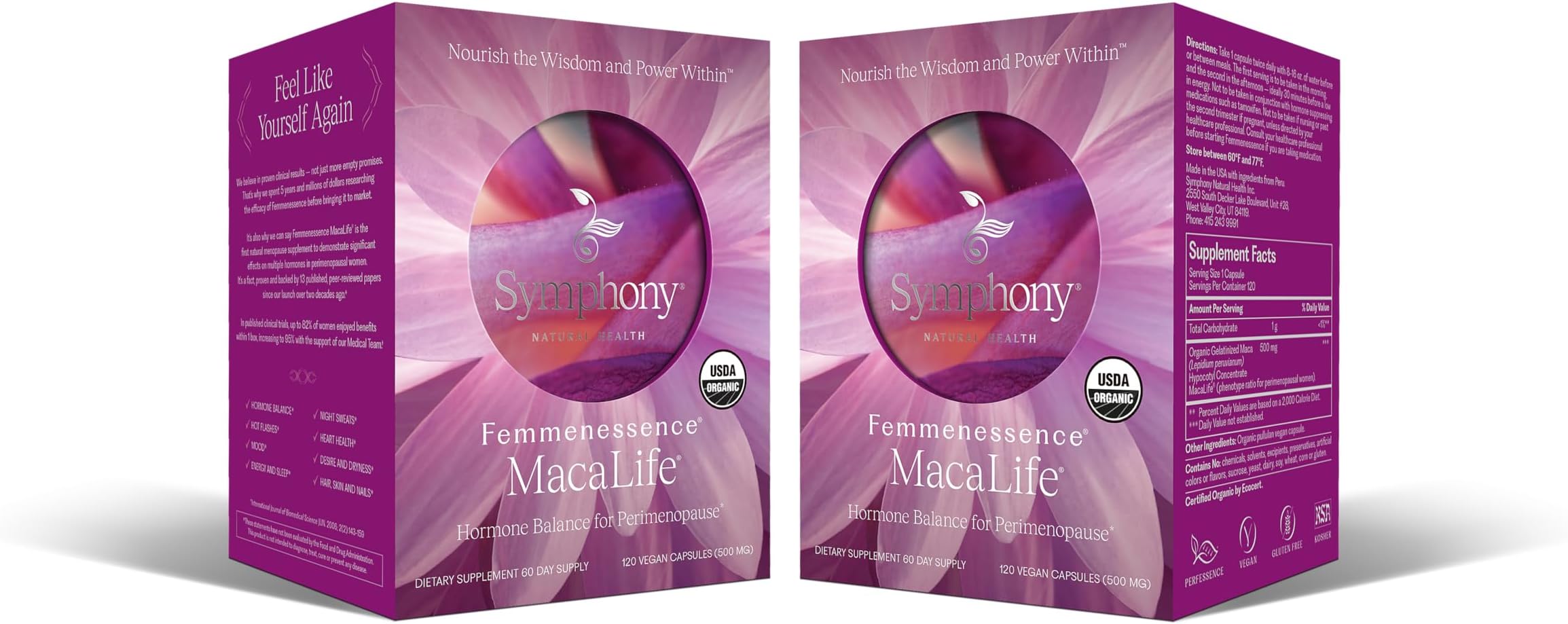 Femmenessence® MacaLife® – Clinically Proven Perimenopausal Organic Vegan Supplement for Natural Hormone Balance, Symptom Relief, Heart & Mood Support (240 Capsules, 120 Day Supply)