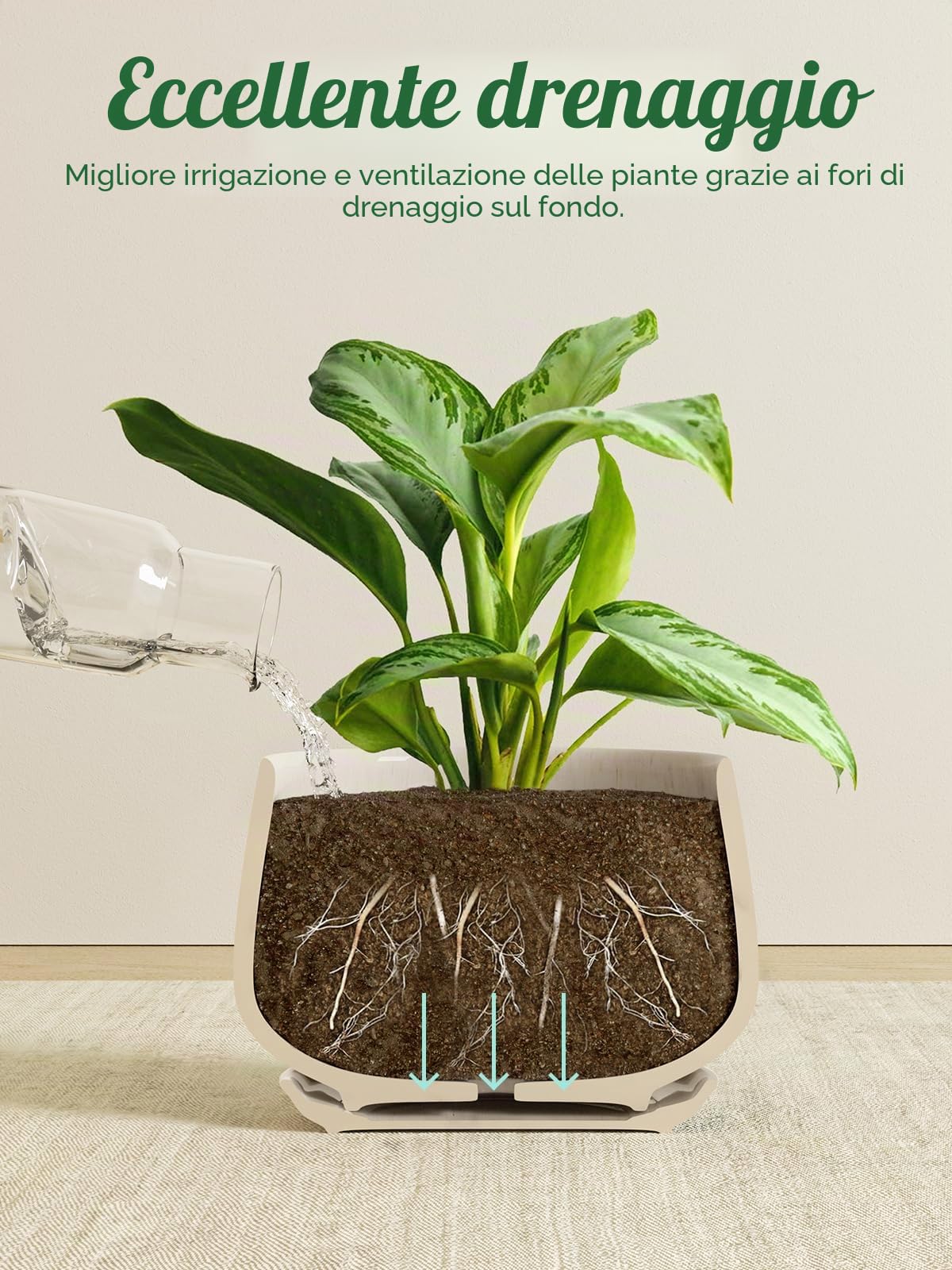 LE TAUCI Set Di 3 Vaso Per Piante In Ceramica, 10+13+16 cm Vaso per Piante da Interno Con Foro Di Drenaggio E Piattino, Vaso Da Fiori Per Interni Con Foro In Rete, Regalo Per Mamma, Beige