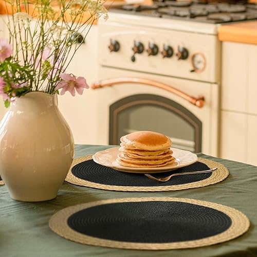 Miniatura 6 de Noctiflorous Juego de 6 manteles individuales redondos, trenzados a mano, de 15 pulgadas, resistentes al calor, antideslizantes, lavables, de borde