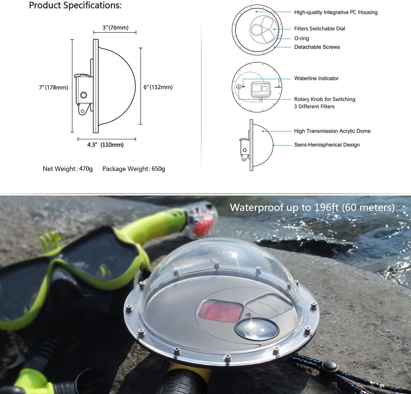 Gopro Nd フィルター (Nd8+Nd16+Nd32+Cpl) - K&F Concept SOONSUN 6''ドーム ポート レンズ 3つの切替可能 フィルター GoPro Hero 5 6 Hero 2
