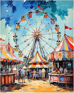 Amusement Park Paint by Numbers Kit for Adults - DIY Ferris Wheel and Carnival Booths Painting on Canvas 16x20 Inches, Acrylic Paint Set, Suitable for Beginners, Art for Home Decoration or Gifts