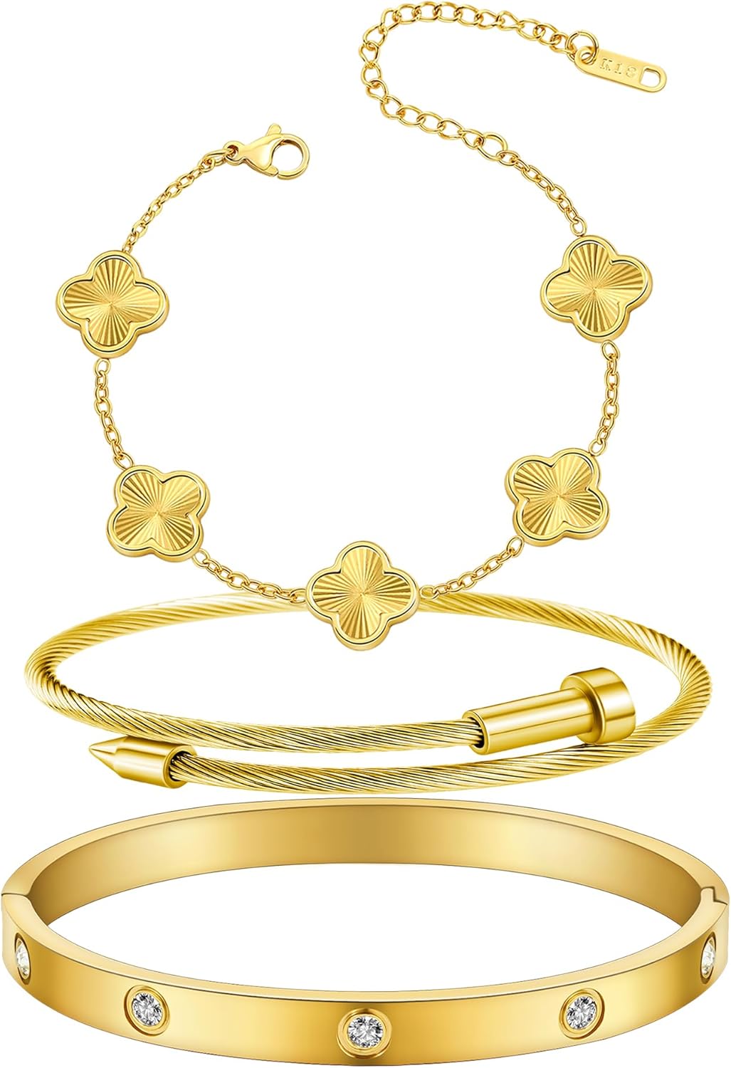 Womens Bracelet 18K Gold Plated Cuff Bangle Clover Bracelet Set for Women Four Leaf Lucky Bangle Jewelry Gift of Love