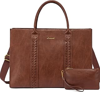 LOVEVOOK Laptop Tote Bag for Women, Vintage Leather Work Bags Teacher Laptop Bag With Cup Holder, Waterproof Computer Bag Purse, Professional Briefcase Office Shoulder Bag Handbag, 15.6 Inch, Brown
