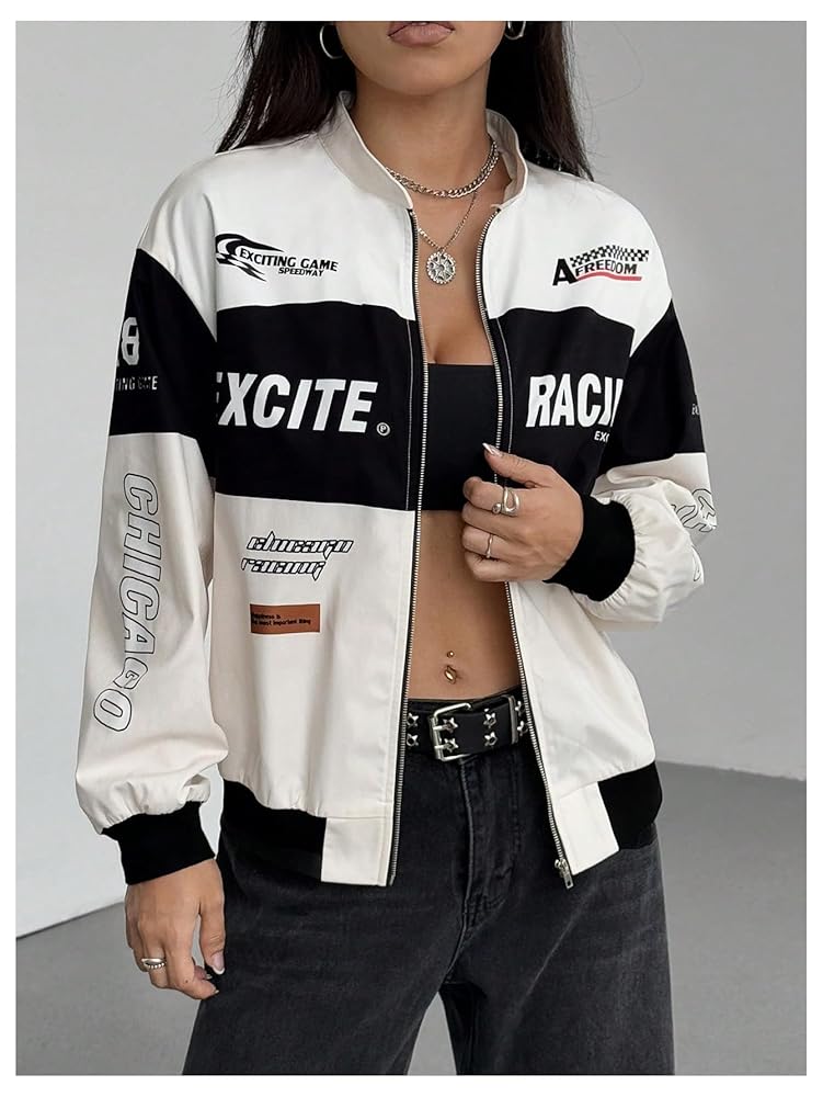 Amazon.com: GORGLITTER Women's Racing Bomber Jacket Y2k