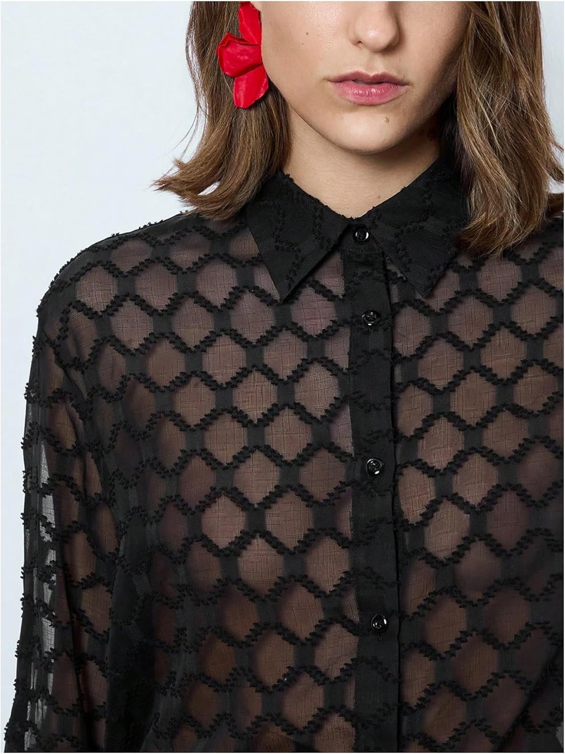 MakeMeChic Women's Long Sleeve Mesh Sheer Collared Button Down Shirts Blouse Tops - Image 5