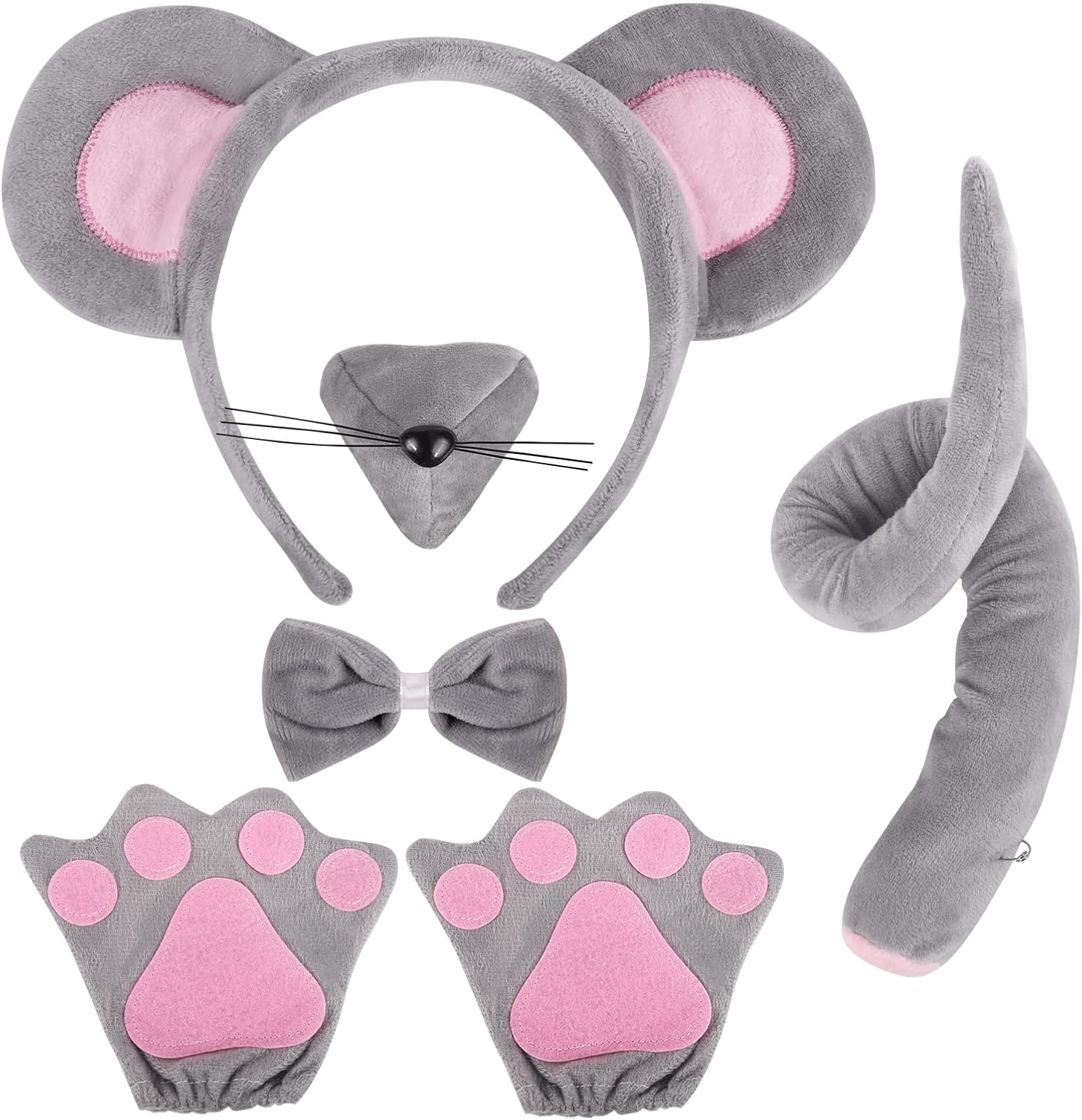6 Pieces Mouse Costume Set for Kids, Mice Ears Headband Nose Tail Gloves Bow Tie Animal Costume Accessories, Rat Costume Accessories for Halloween,Birthday,Cosplay Dress Up Party Decorations