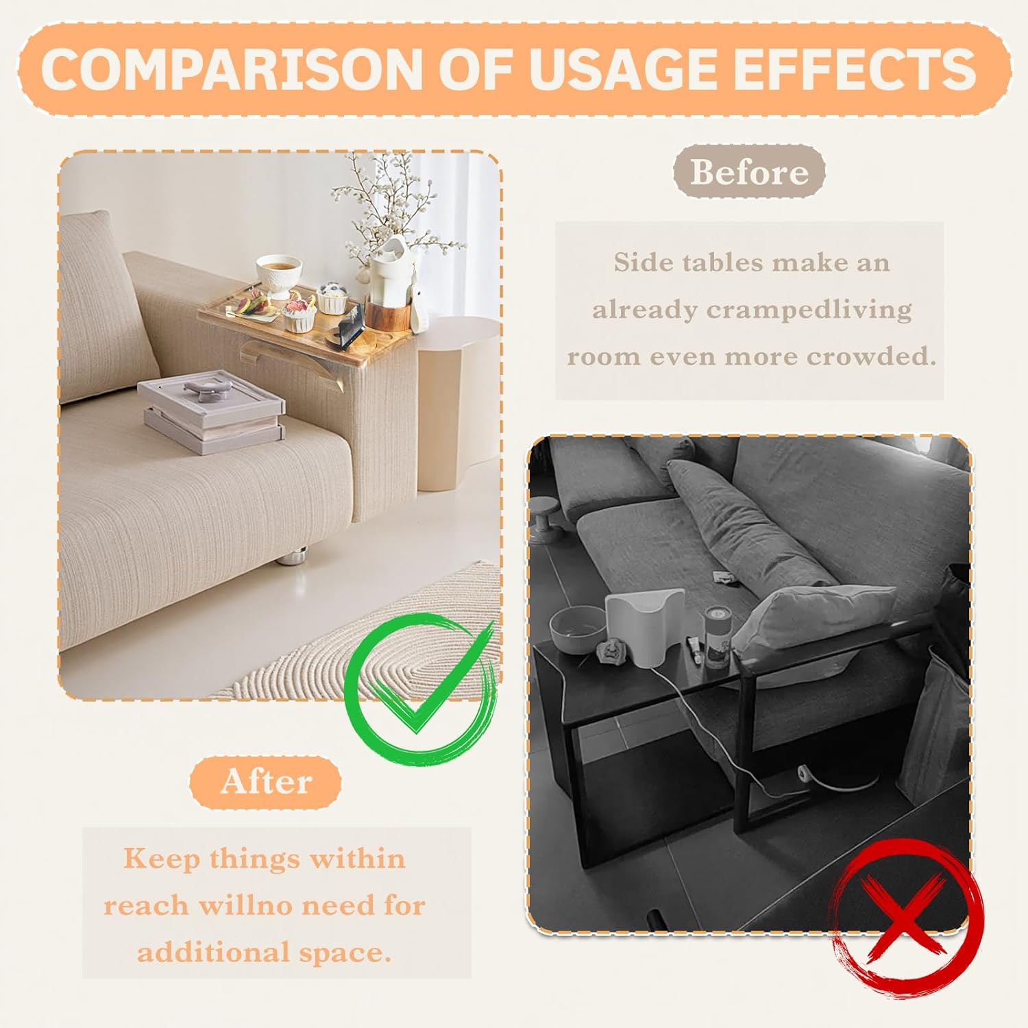 Couch Armrest Table, 3 in 1 Acacia Wood Sofa Arm Tray with 360° Cup Holder & Rotating Phone Stand – Foldable Clip-On Side Table Food Tray for Snacks, Drinks, Remote
