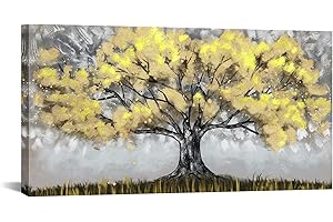 Yellow Tree Wall Art Canvas, Abstract Modern Yellow and Gray Wall Decor