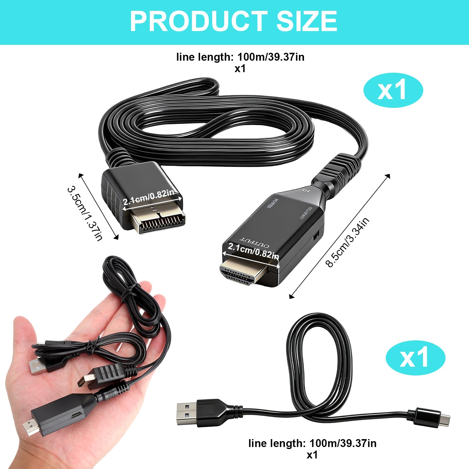 HENGBIRD Adapter PS1/PS2 na HDMI 1080P z kablem AV 1 m, 720P 1080P HD Link kabel wideo konsola audio konwerter wideo, Plug and Play, zasilanie micro USB, do TV i konsoli do gier