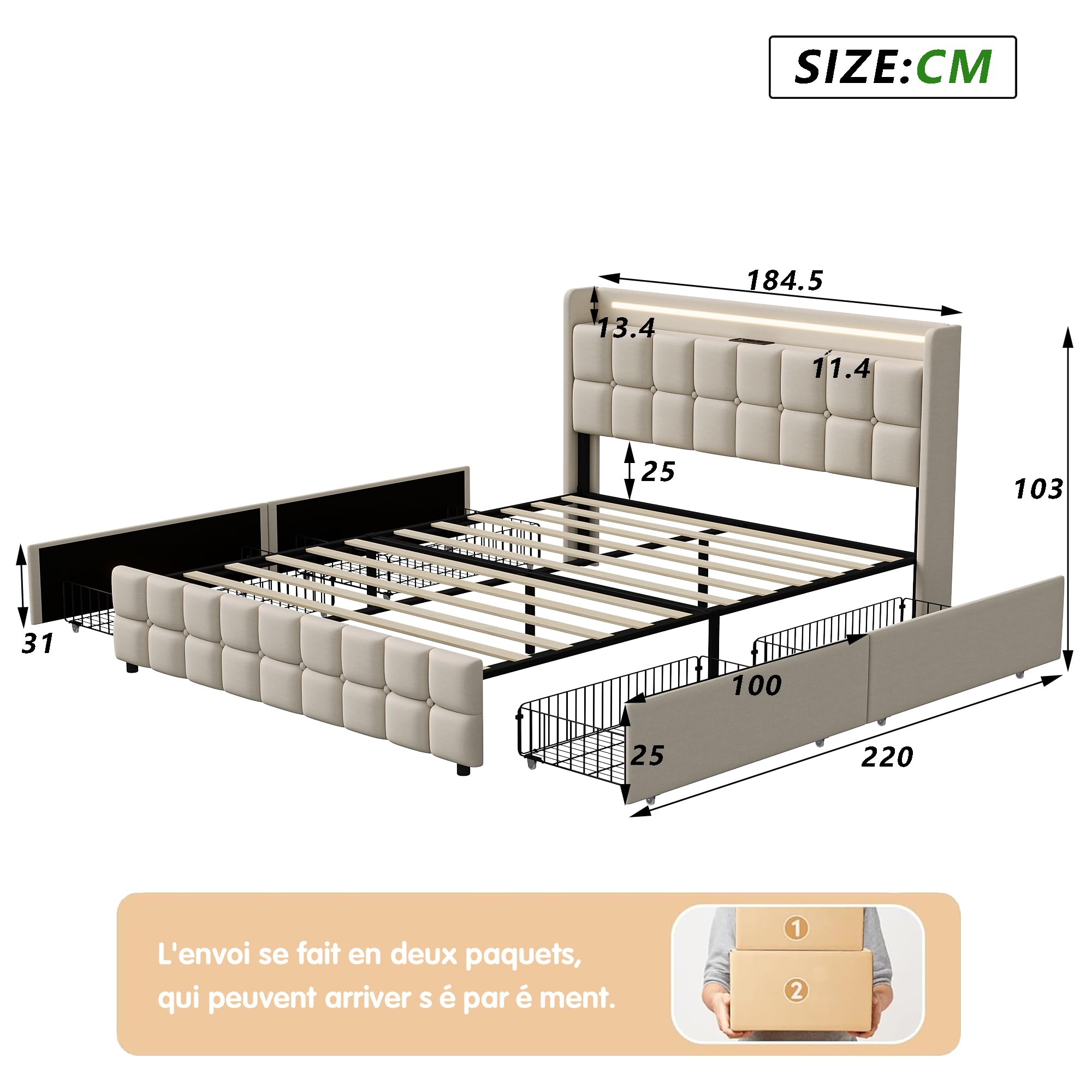 Cama Acolchada de 180 x 200 cm, Cama Funcional con 4 cajones, Cama Doble tapizada, cabecero con Carga USB y iluminación LED, Estructura de Cama de con Almacenamiento, Beige