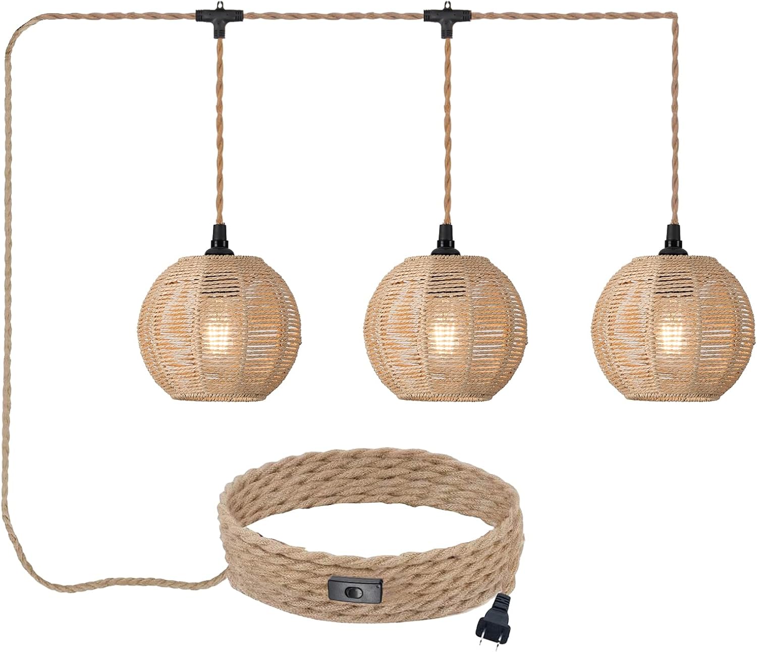 3 Lights Plug in Pendant Light with Cord On/Off Switch Rattan Hanging Lamp with 22ft Hand Woven Wicker Plug in Chandelier Boho Hanging Lights Fixture for Bedroom Kitchen Hallway Foyer