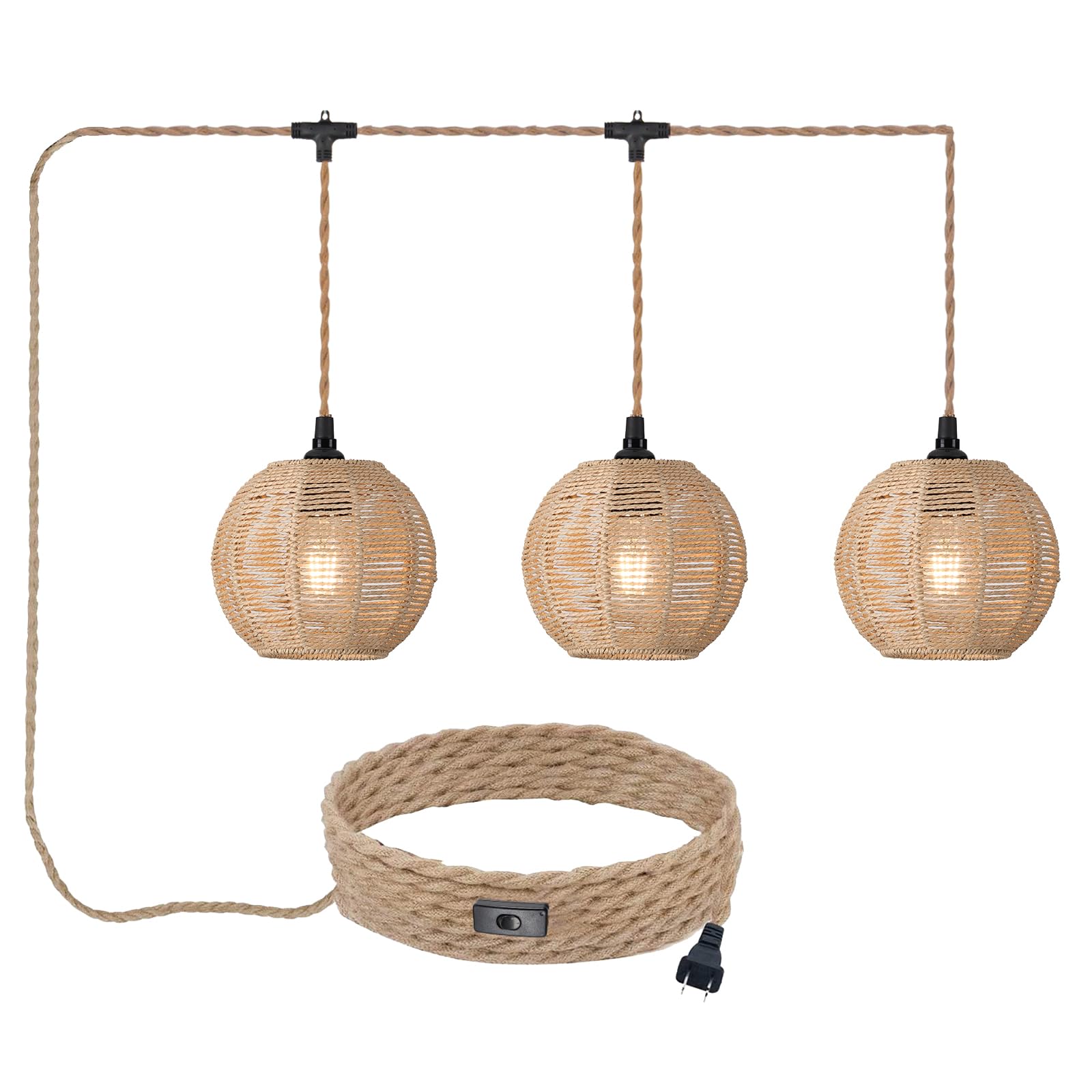 3 Lights Plug in Pendant Light with Cord On/Off Switch