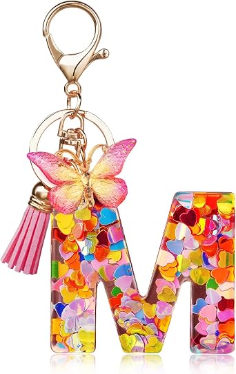 OSDUE Fashion Alphabet Initial Letter Keychain, Women Tassel Butterfly Pink Purple Cute Car Keyrin, Pink and Gold Resin Alphabet Keychain, Tassel Butterfly Pendant Key Ring for Wallet
