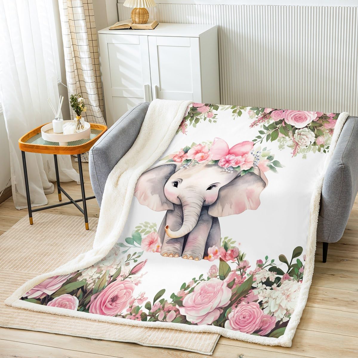 Erosebridal Cute Animal Sherpa Blanket Lovely Elephant Blanket Cartoon Cherry Blossoms Throw Blanket for Chair Spring Garden Fleece Blanket Throw Size Cartoon Style Bedroom Decor Kids Toddler Gifts
