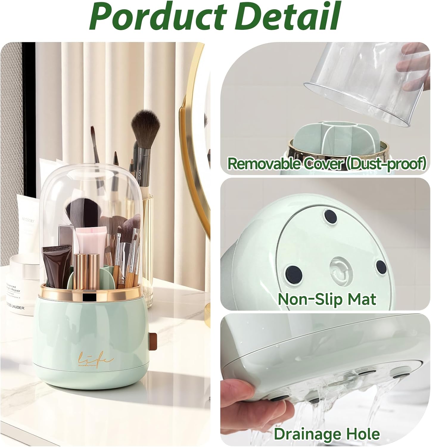 360º Rotating Toothbrush Holder with Cover, Dustproof Waterproof Cosmetic Organizer, 7-Slot Bathroom Countertop Organizer with Drainage for Makeup Brushes, Electric Toothbrushes, Toothpaste