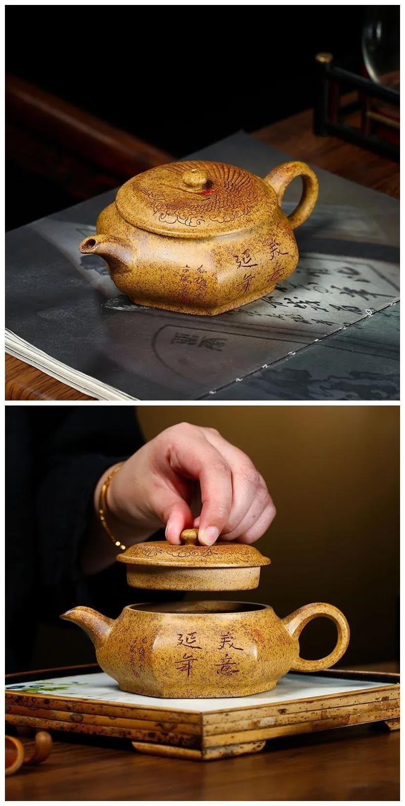 Zestaw do herbaty popołudniowej, chiński zestaw do herbaty Zisha, 210 ml, ręcznie robiony zestaw do herbaty Yixing w kształcie sześciokąta, fioletowy, gliniany czajnik