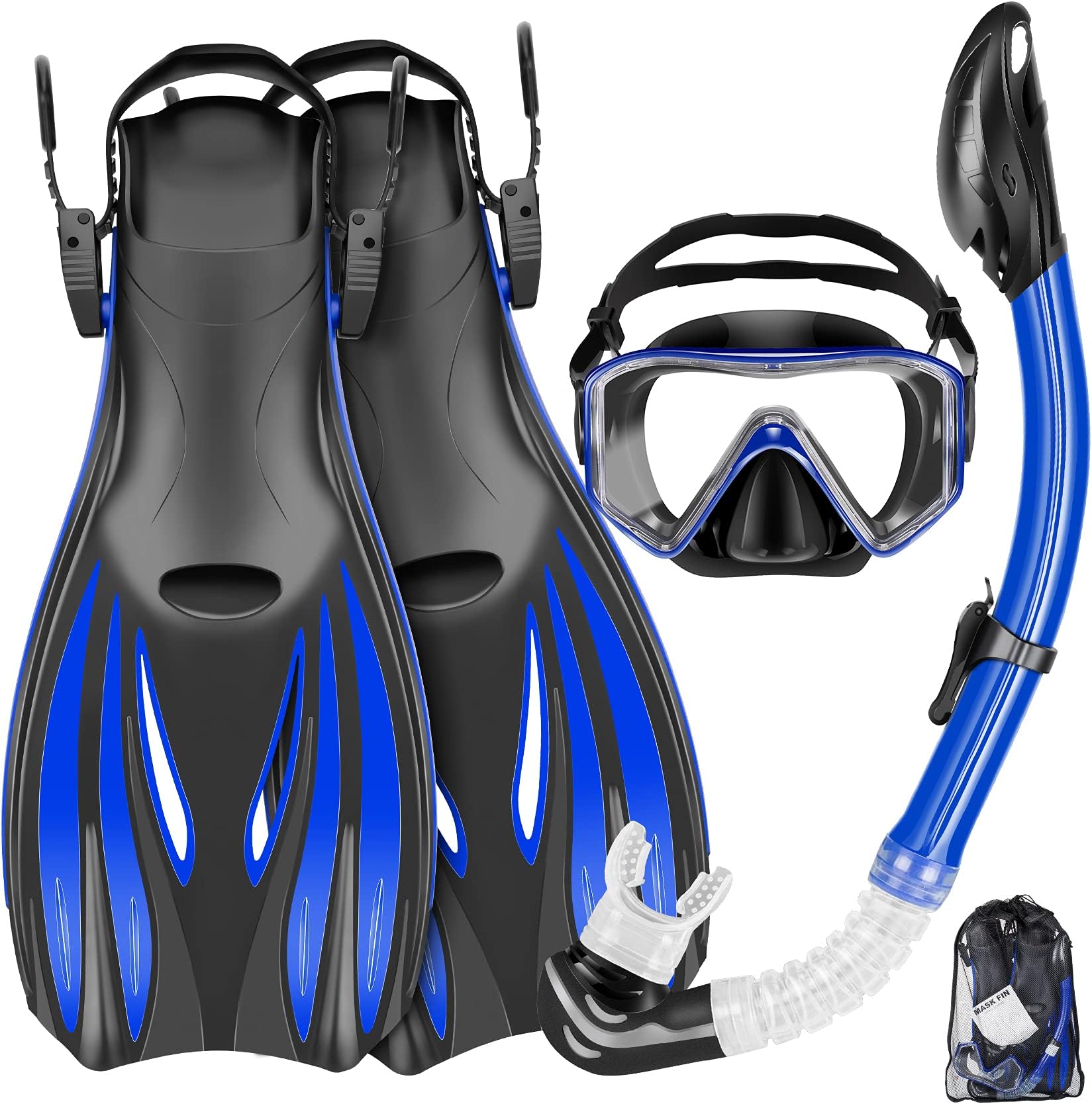 Snorkeling Gear for Adults Kids - Mask Fins Snorkel Set with Panoramic View Snorkel Mask Anti-Fog Anti-Leak, Dry Top Snorkel, Dive Flippers and Gear Bag