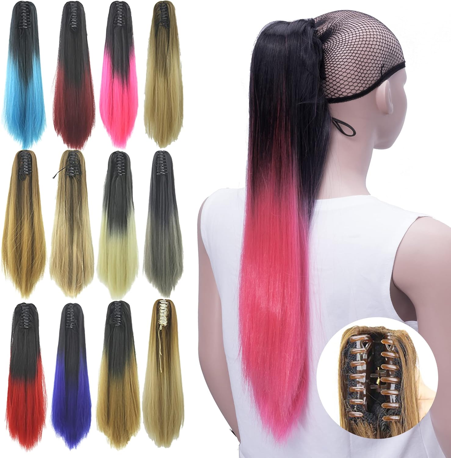 IMISSU Straight Clip on Hairpiece Extensions Pony Tail Clip Claw Ombre Ponytail Hair Pieces (Ombre Pink)