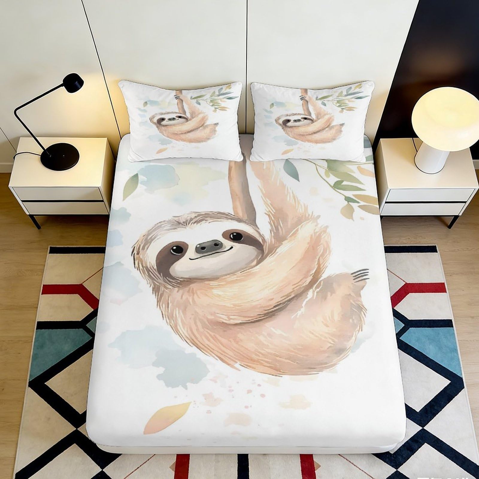 3D Printed Cartoon Sloth Fitted Sheet Microfiber Soft Anti-Slip Forest Animal Mattress Cover Bedroom Decor 180x200x25cm