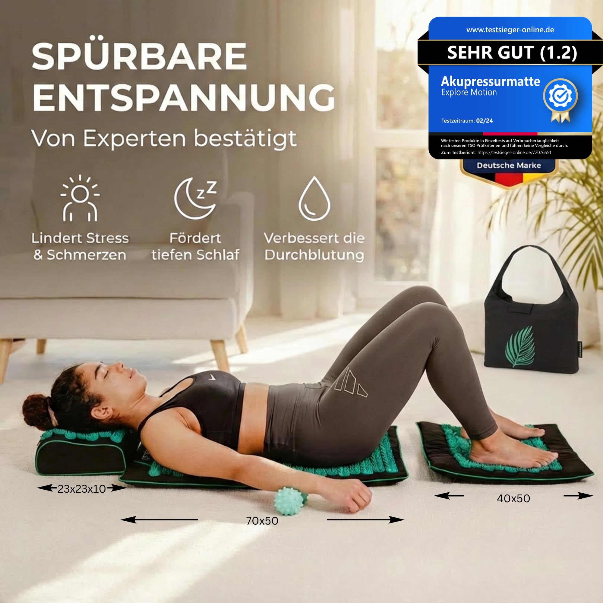 Set di tappetini per agopressione – Sandstone Edition | Allevia il mal di schiena, la tensione e lo stress | per collo e spalle | Massaggio, relax e sonno migliore – Scopri ora! (Nero)