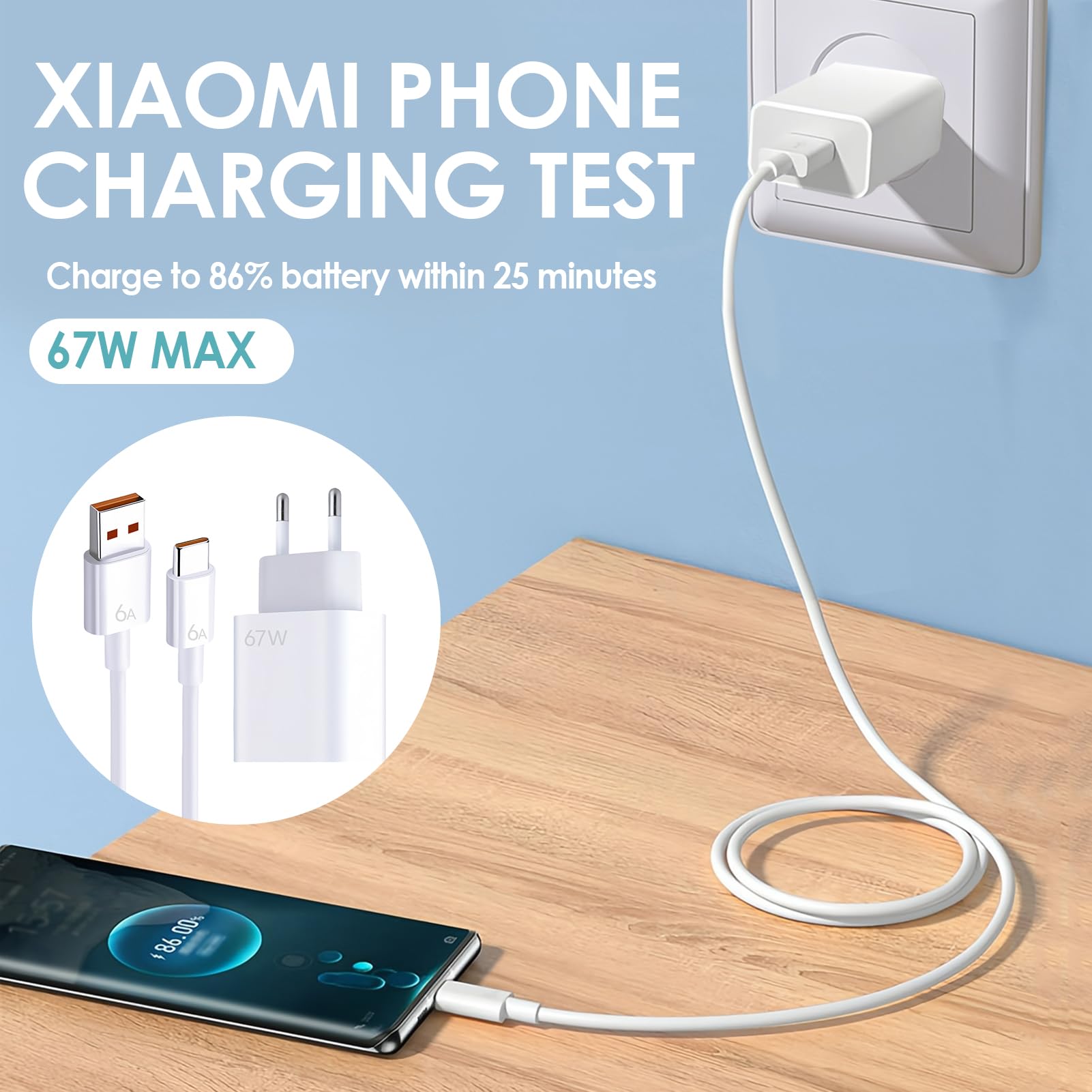 Chargeur Rapide 67W Pour Xiaomi Avec Câble USB-C 1,5m - Compatible Mi 14, 13T, 13 Pro, Redmi Note 13/12/11, Poco F5 - Adaptateur Secteur Compact