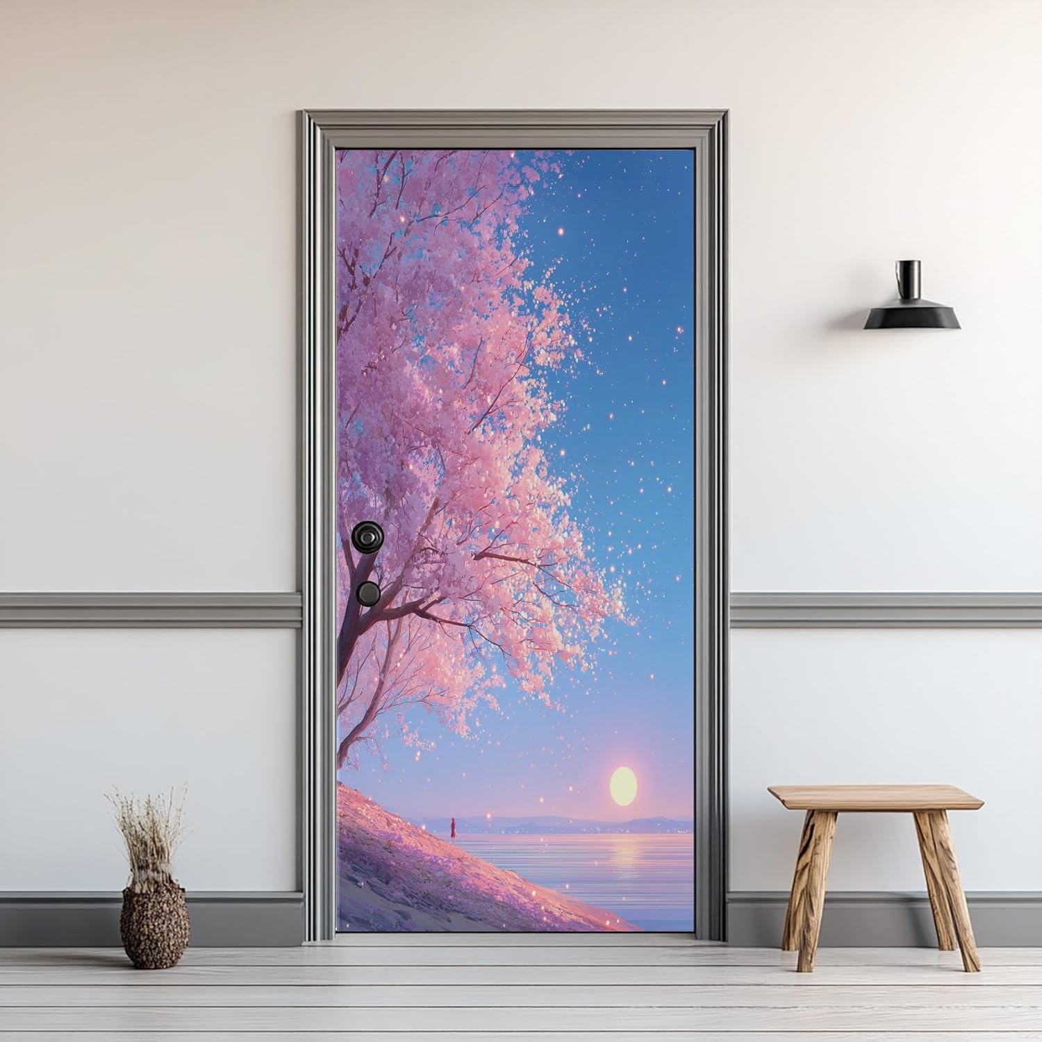Sticker Porte Fleurs de Cerisier, Stickers Porte Trompe L'oeil Fleurs de Cerisier Autocollant Poster Auto-Adhésif Art Décor Pour Chambre Salon Salle de Bain Papier Peint 95x215 cm 4939n