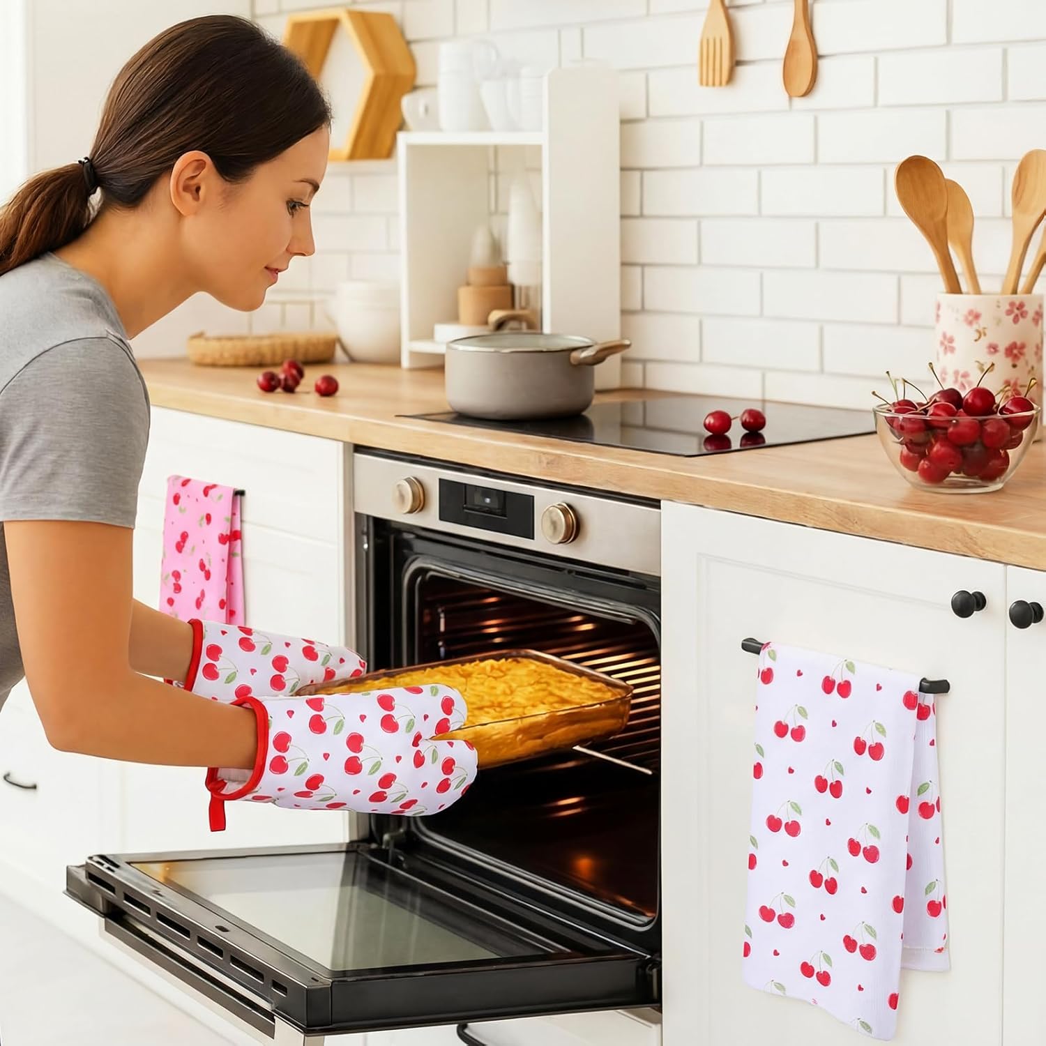 Hahafelt 6 Pcs Cherry Kitchen Decor Accessories Include 2 Cherry Towels 2 Pink Pot Holder 2 Cute Oven Mitt for Kitchen Bathroom Decor Baking Cooking Housewarming Gift