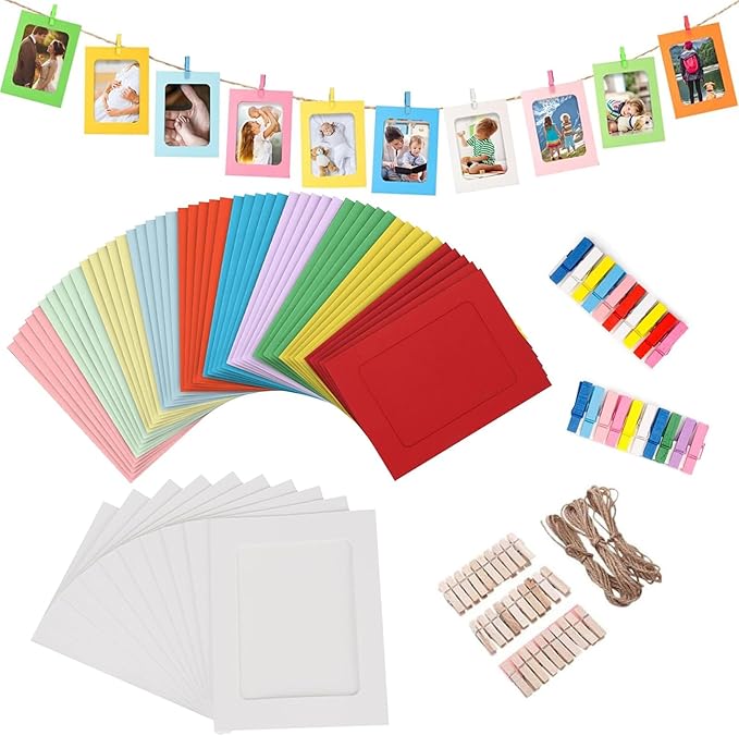 40 Stück Papier Fotorahmen, Kraft Paper Picture Frames mit Holzklammern Klein & Hanfseil, 11,5*15,5CM Cardboard Photo Frame, Kreativer Papier-Bilderrahmen für Zuhause, Büro, Schule, Wand Dekoration