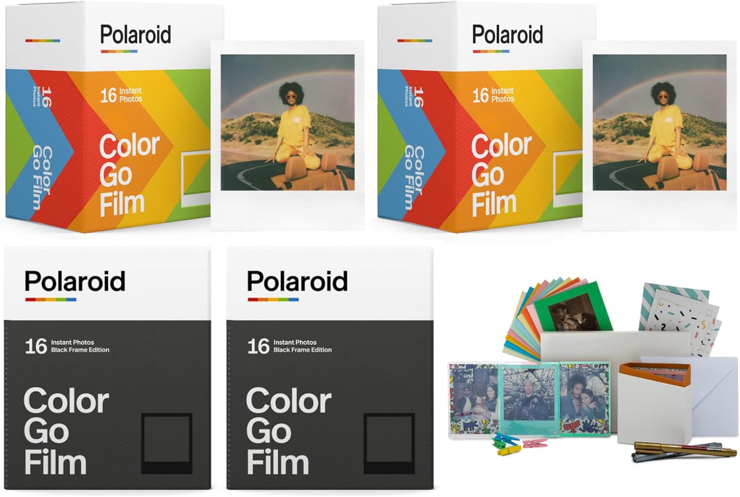 Polaroid Originals Go Color Film (Classic, 2-Pack) with Go Color Film (Black Frame, 2-Pack) and Focus Camera Film Kit for Polaroid i-Type Bundle (5 Items)